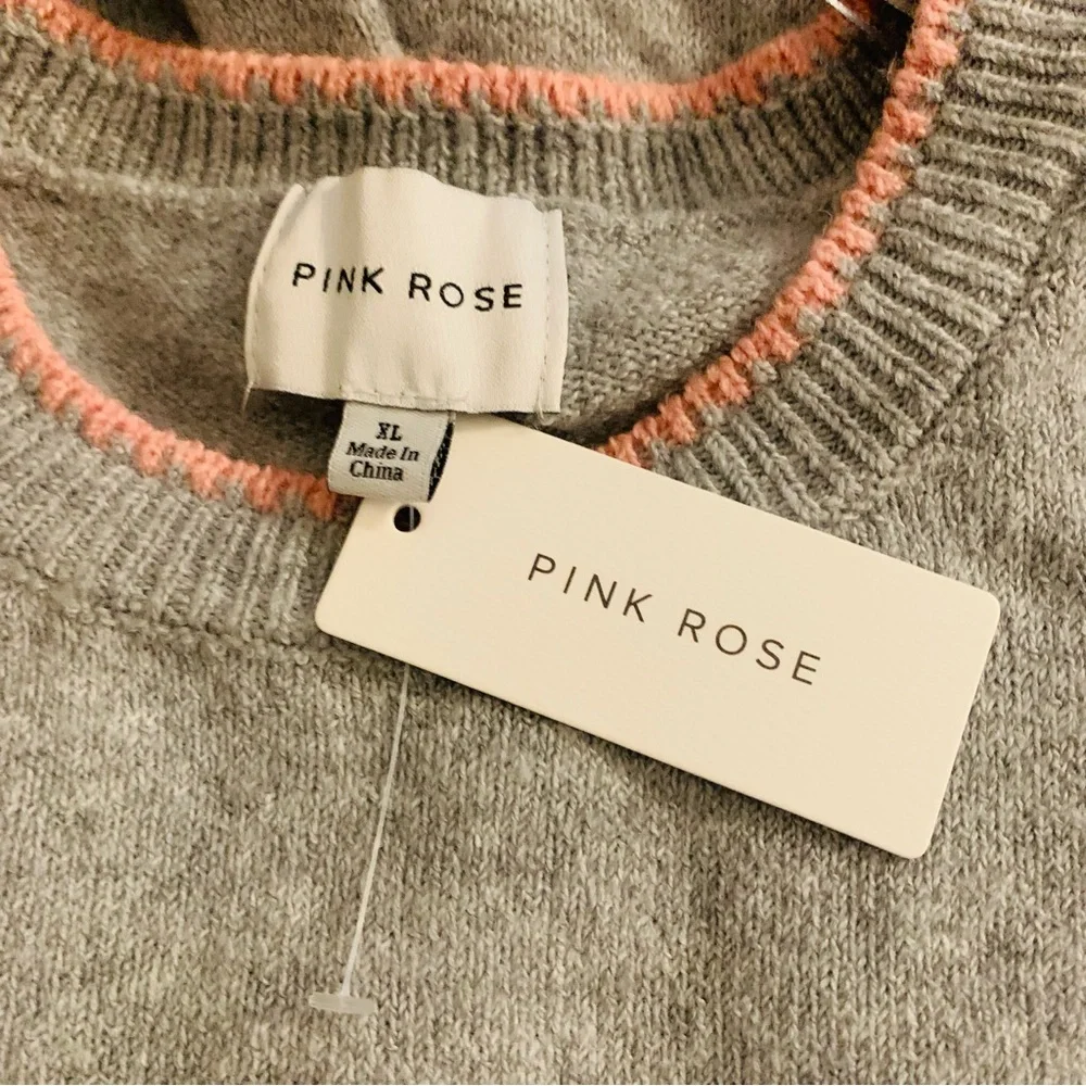Pink Rose Gray Crewneck Sweater Hearts Cherries Size XL NWT Boxy Soft Girl - Picture 6 of 8